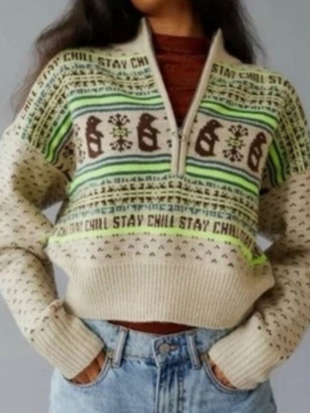 Urban Outfitters BDG Jesse Half Zip Sweater Brown, Yellow Penguins